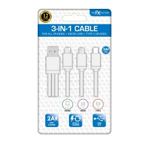 FX 3 IN 1 USB CHARGING CABLE IPHONE / MICRO USB / TYPE C - WHITE