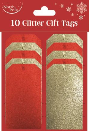 CHRISTMAS RED & GOLD GLITTER GIFT TAGS PACK OF 10