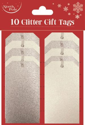 CHRISTMAS WHITE & SILVER GLITTER GIFT TAGS PACK OF 10