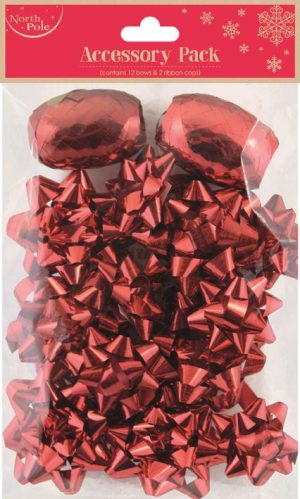 RED GIFT BOWS PACK OF 12 & 2 RIBBON SET
