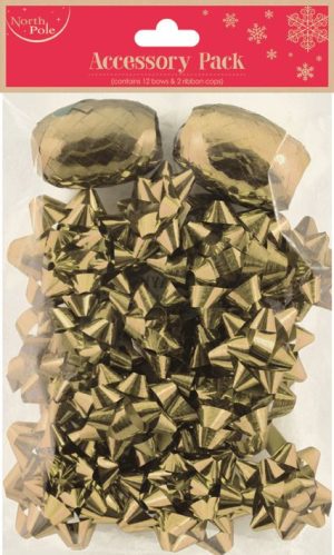 GOLD GIFT BOWS PACK OF 12 & 2 RIBBON SET