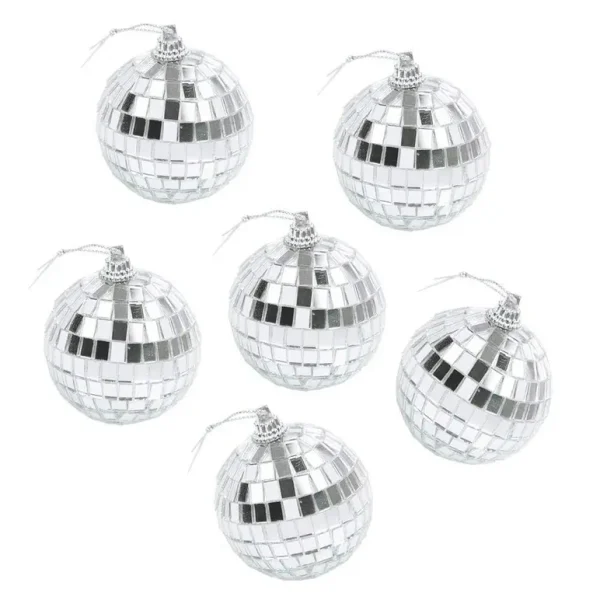 CHRISTMAS SILVER MINI DISCO MIRROR BAUBLES BALL 40MM PACK OF 6