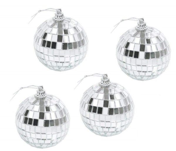 CHRISTMAS SILVER MINI DISCO MIRROR BAUBLES BALL 80MM PACK OF 4