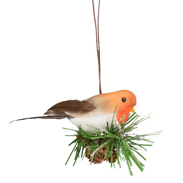 HANGING ROBIN ON PINE CHRISTMAS DECORATION