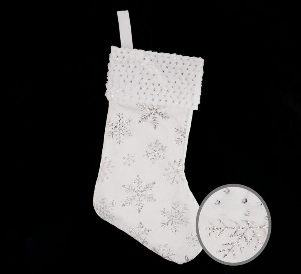 WHITE VELVET SILVER SNOWFLAKE CHRISTMAS STOCKING 40CM X 18CM