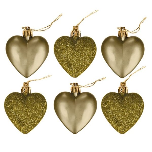 GLITTER / MATT HEART SHAPE CHRISTMAS TREE BAUBLES 50MM PACK OF 6 - GOLD