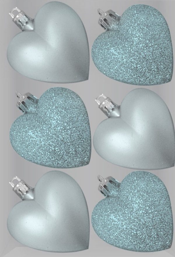 GLITTER / MATT HEART SHAPE CHRISTMAS TREE BAUBLES 50MM PACK OF 6 - ICE