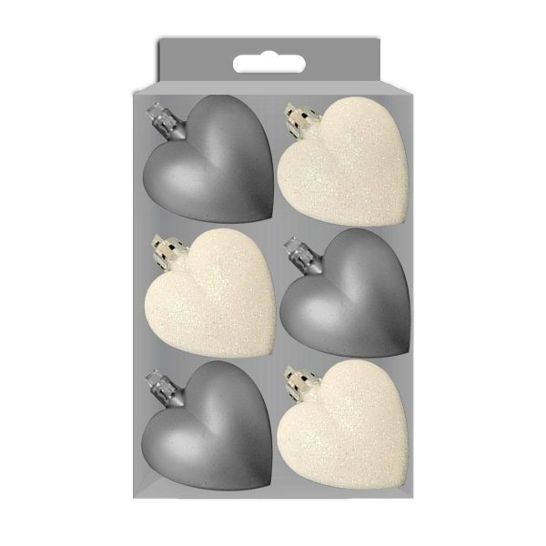 GLITTER / MATT HEART SHAPE CHRISTMAS TREE BAUBLES 50MM PACK OF 6 - SILVER & WHITE