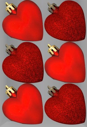 GLITTER / MATT HEART SHAPE CHRISTMAS TREE BAUBLES 50MM PACK OF 6- RED