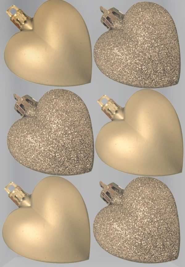 GLITTER / MATT HEART SHAPE CHRISTMAS TREE BAUBLES 50MM PACK OF 6 - CHAMPAGNE GOLD