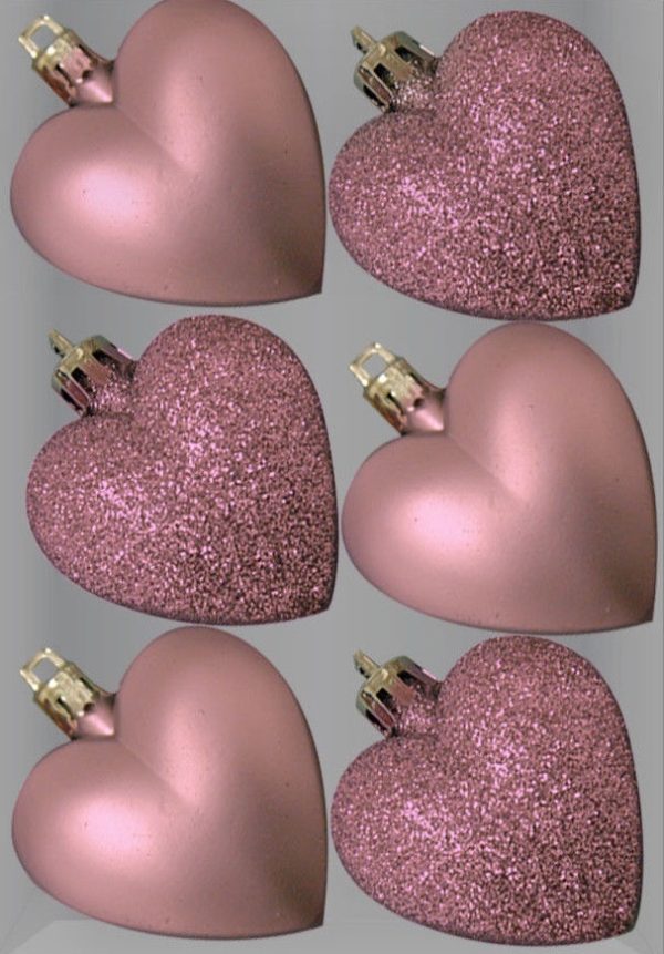 GLITTER / MATT HEART SHAPE CHRISTMAS TREE BAUBLES 50MM PACK OF 6 - BLUSH