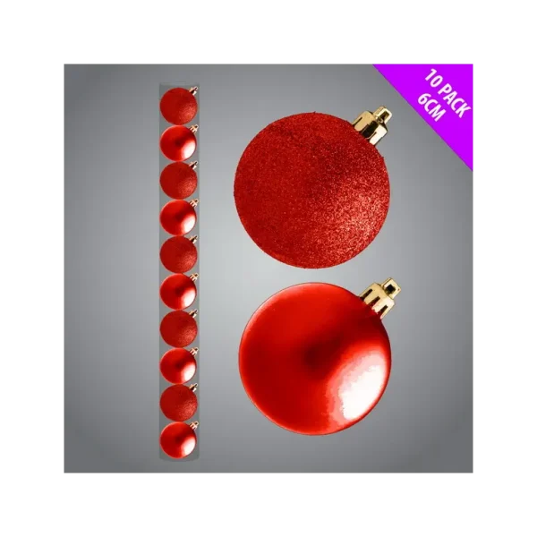 GLITTER / MATT CHRISTMAS TREE BAUBLES 60MM PACK OF 10 - RED