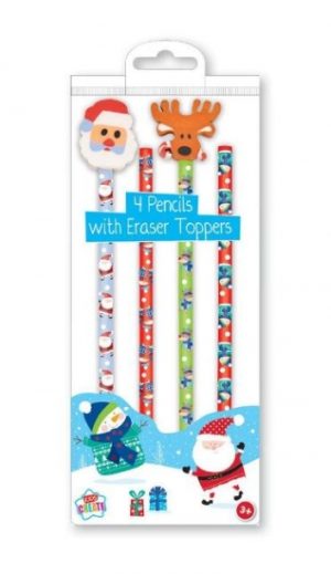 KIDS CREATE CHRISTMAS PARTY PENCILS WITH ERASER TOPPERS PACK OF 4