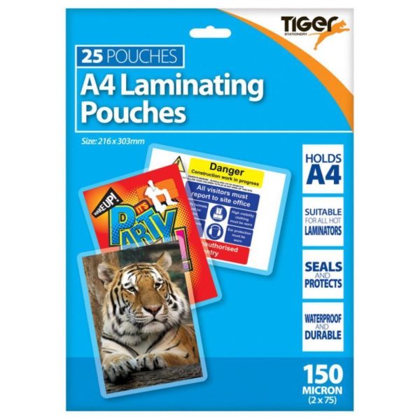 TIGER STATIONERY A4 LAMINATING POUICHES 150 MICRON PACK OF 25