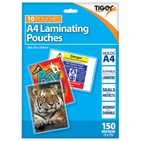 TIGER STATIONERY A4 LAMINATING POUICHES 150 MICRON PACK OF 10