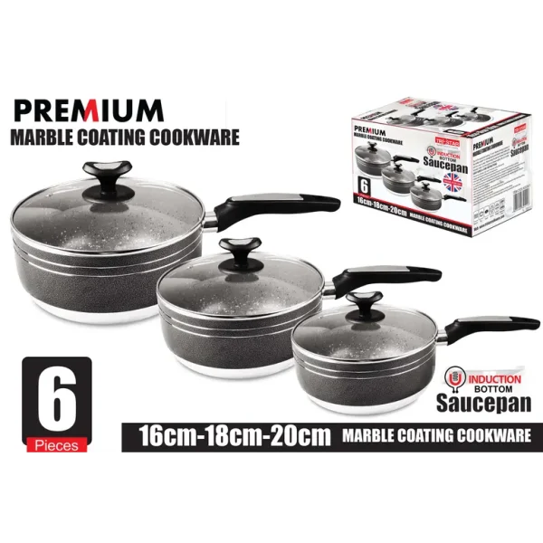 BLACK PREMIUM MARBLE COATING COOKWARE 6 PCS SAUCEPAN 16 18 20 CM