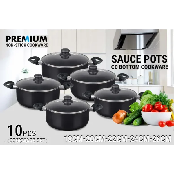 10 PCS BLACK PREMIUM NON STICK SAUCE POTS CD BOTTOM 18 20 22 24 26 CM