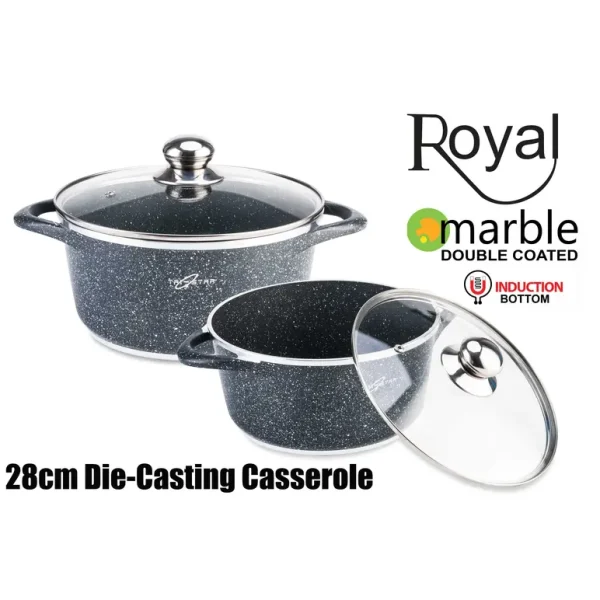 BLACK 28CM DOUBLE MARBLE COATED CASSEROLE WITH INDUCTION BOTTOM