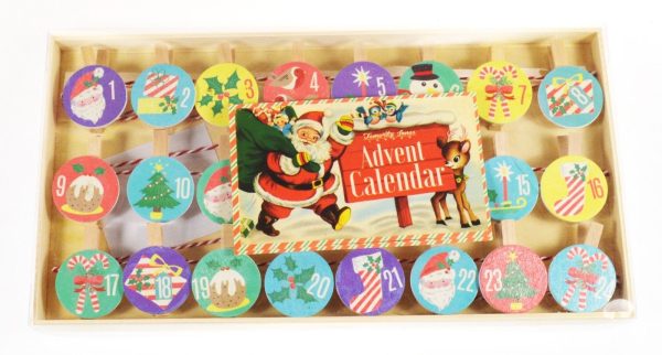 TEMERITY JONES VINTAGE RETRO CHRISTMAS WOODEN ADVENT CALENDAR CLIPS BANNER PEGS