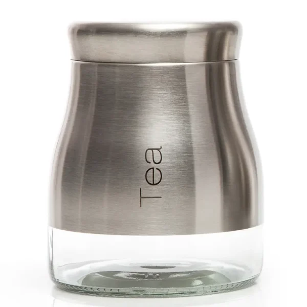 SABICHI BRUSHED STAINLESS STEEL GLASS STORAGE SCREW TOP TEA JAR