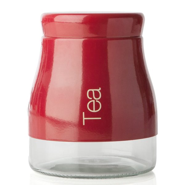 SABICHI RED STAINLESS STEEL GLASS STORAGE SCREW TOP TEA JAR