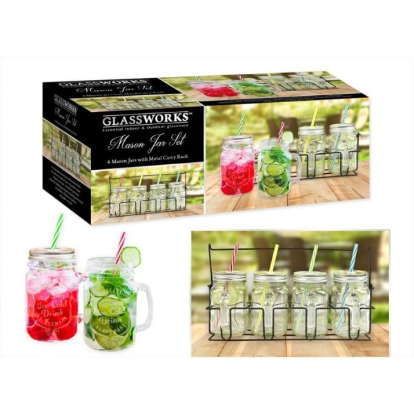 GLASSWORKS CLEAR EMBOSSED MASON JAR WITH RACK 400ML PACK OF 4