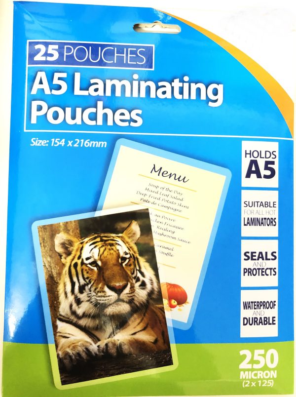 TIGER 25 LAMINATING POUCHES - 154 X 216 MM - HOLDS A5 - 250 MICRON