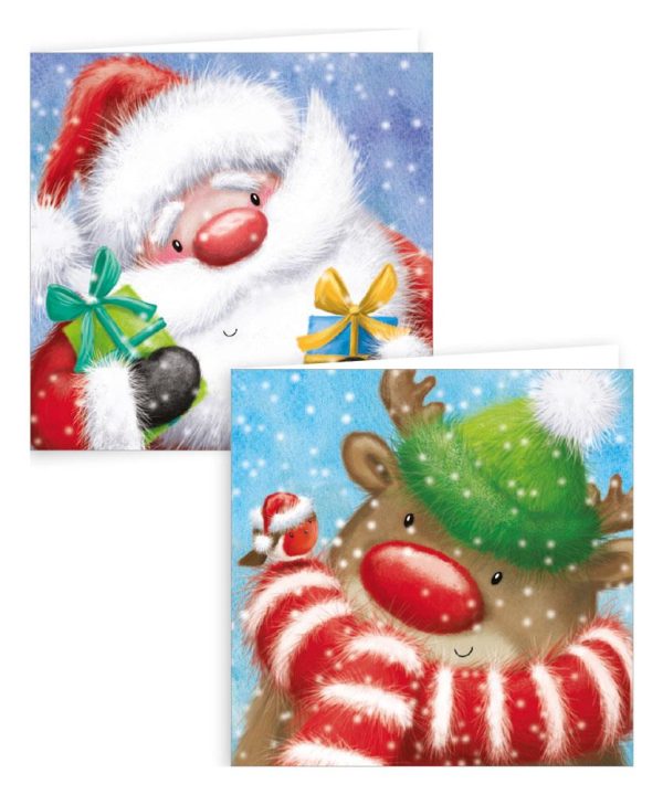 GIFTMAKER CHRISTMAS GLITTER CUTE SANTA / REINDEER GREETINGS CARDS PACK OF 10