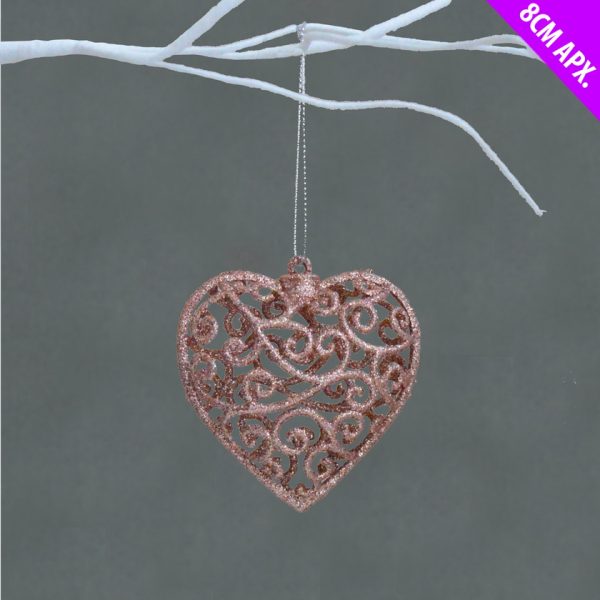 CHRISTMAS HEART HOLLOW GLITTER LACE BAUBLE ROSE GOLD 80CM