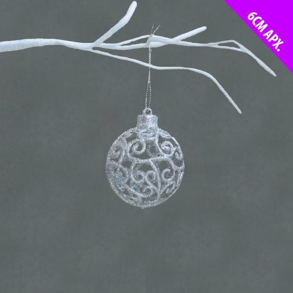 CHRISTMAS ROUND HOLLOW GLITTER LACE BAUBLE SILVER 6CM