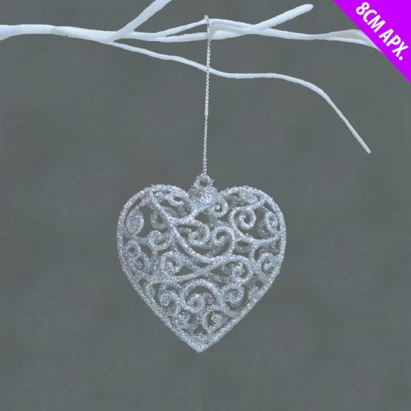 CHRISTMAS HEART HOLLOW GLITTER LACE BAUBLE SILVER 80CM