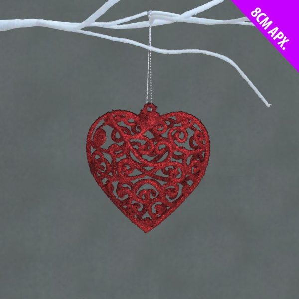 CHRISTMAS HEART HOLLOW GLITTER LACE BAUBLE RED 80CM