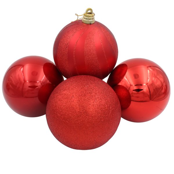 150MM LUXURY DECORATED GIANT BAUBLES RED PACK OF 4