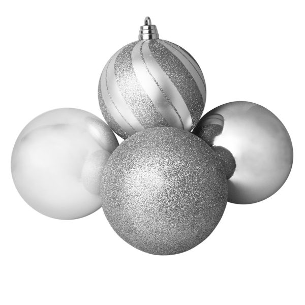 150MM LUXURY DECORATED BAUBLES SILVER PACK OF 4