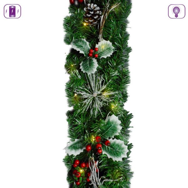 CHRISTMAS BO LIGHT UP HOLLY BERRY GARLAND SNOWY LEAF BATTERY 1.8M