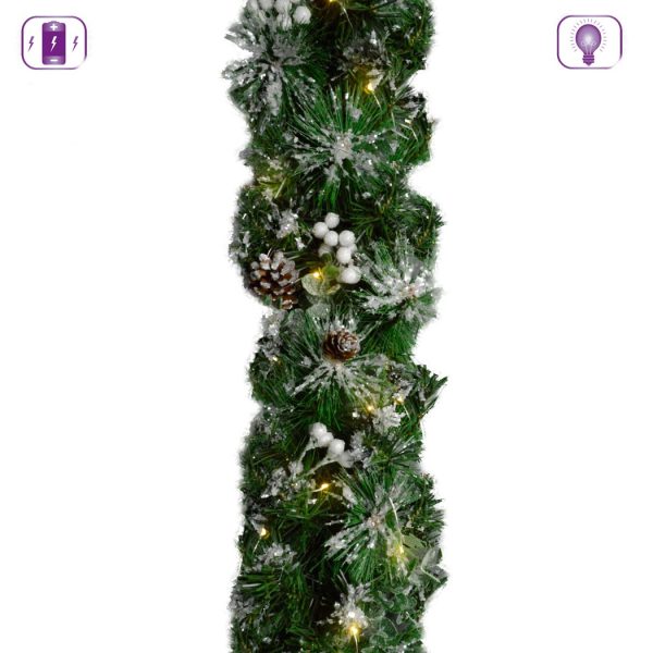 CHRISTMAS MISTLETOE LIT BATTERY GARLAND SNOWY PINE 1.8M