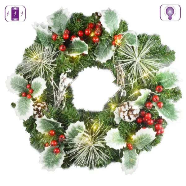 CHRISTMAS BO LIGHT UP HOLLY BERRY WREATH LIGHT SNOWY PINE 40CM