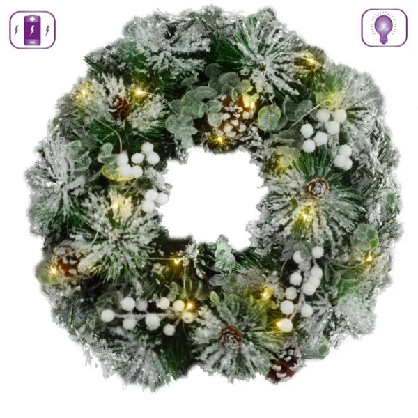 CHRISTMAS LIT MISTLETOE LIGHT PINE SNOWY WREATH 40CM