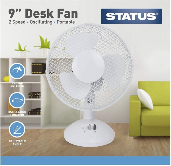 STATUS PORTABLE 9 INCH OSCILLATING DESK FAN WHITE