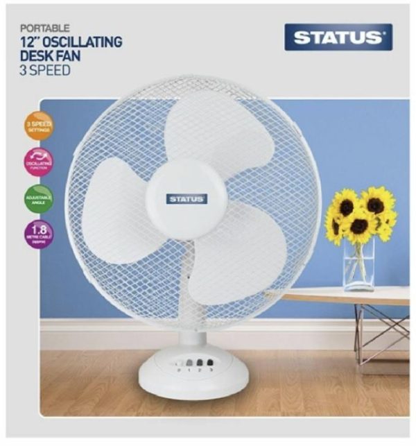 STATUS PORTABLE 12 INCH OSCILLATING DESK FAN WHITE