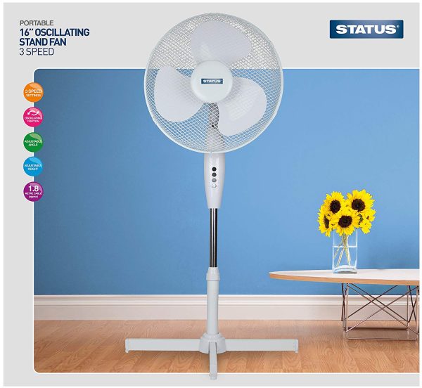 STATUS PORTABLE 16 INCH OSCILLATING STAND FAN WHITE