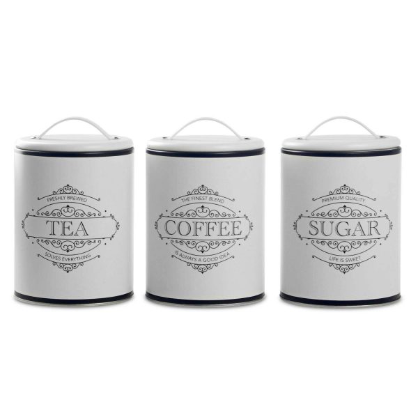 VINTAGE TEA / COFFEE / SUGAR STORAGE WHITE METAL TIN JARS