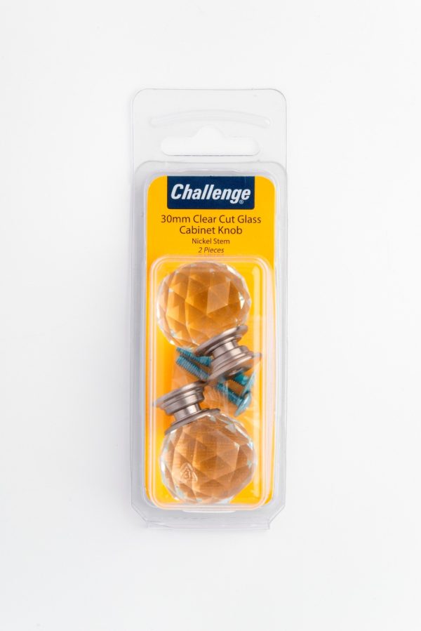 CHALLENGE CLEAR CUT GLASS CABINET KNOB WITH NICKEL STEM 30MM PACK OF 2