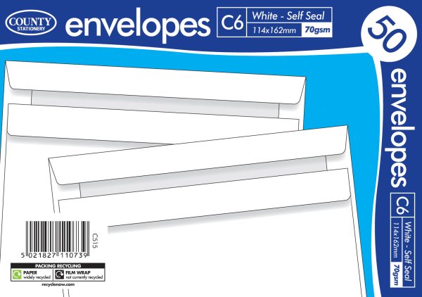 COUNTY C6 WHITE SELF SEAL ENVELOPES PACK OF 50