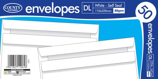 COUNTY DL WHITE SELF SEAL ENVELOPES PACK OF 50