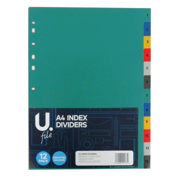 A4 POLYPROPYLENE INDEX TABBED DIVIDERS - NUMBERED 1 TO 12 MIXED COLOURS