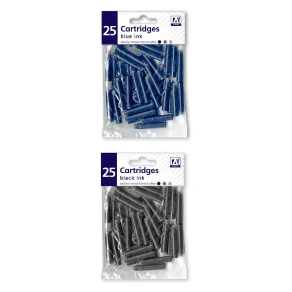 UNIVERSAL BLACK / BLUE FOUNTAIN PEN INK CARTRIDGE REFILLS PACK OF 25