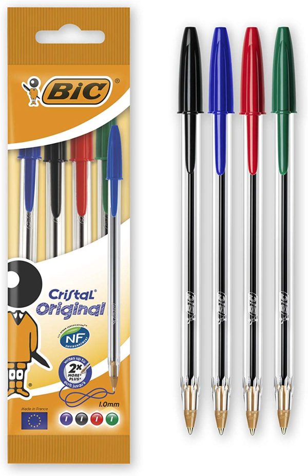 BIC ASSORTED COLOUR CRISTAL ORIGINAL BALLPOINT PEN PACK OF 4