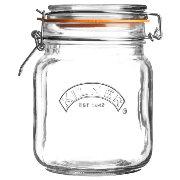 KILNER SQUARE GLASS CLIP TOP JAR WITH AIRTIGHT RUBBER SEAL 1 LITRE