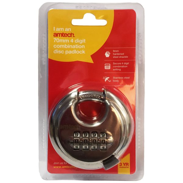 AMTECH 70MM 4 DIGIT COMBINATION DISC PADLOCK